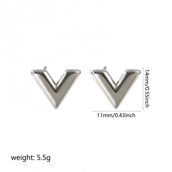 Picture of Wholesale V Shaped Ear Post Stud Earrings, Silver Tone 304 Stainless Steel Women's Eco-friendly Stylish Dainty Gift Jewelry For Retailer, 14mm x 11mm, 1 Pair