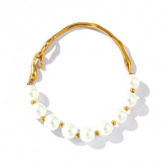 Picture of Wholesale White Imitation Pearl 304 Stainless Steel & Acrylic Bangles Bracelets, 18K Real Gold Plated Eco-friendly PVD Vacuum Plating Waterproof Anti-Tarnish Hypoallergenic, Women's Stylish Dainty Gift Jewelry Supply, 19.5cm(7 5/8") long, 1 Piece