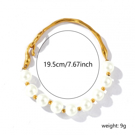 Picture of Wholesale White Imitation Pearl 304 Stainless Steel & Acrylic Bangles Bracelets, 18K Real Gold Plated Eco-friendly PVD Vacuum Plating Waterproof Anti-Tarnish Hypoallergenic, Women's Stylish Dainty Gift Jewelry Supply, 19.5cm(7 5/8") long, 1 Piece