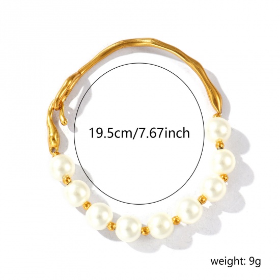 Picture of Wholesale Creamy-White Imitation Pearl 304 Stainless Steel & Acrylic Bangles Bracelets, 18K Real Gold Plated Eco-friendly PVD Vacuum Plating Waterproof Anti-Tarnish Hypoallergenic, Women's Stylish Dainty Gift Jewelry Supply, 19.5cm(7 5/8") long, 1 Piece