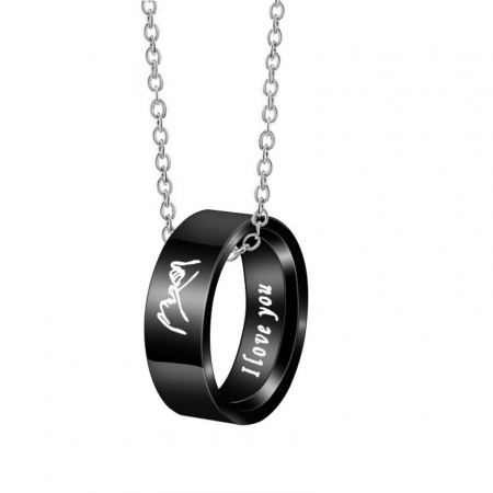 Picture of Wholesale Finger Ring Message " I Love you " Black Pendant Charm Necklace, Silver Tone 304 Stainless Steel Link Cable Chain, Couple's Eco-friendly Hip-Hop Simple & Casual Gift Jewelry For Retailer, 40cm(15.7") + 5cm(2") long, 16.5mm(US Size 6), 1 Piece