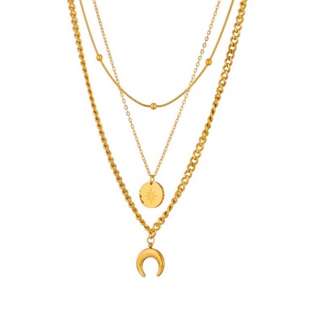 Picture of Wholesale Half Moon Multilayer Pendant Charm Necklace, 18K Gold Plated 304 Stainless Steel Women's Eco-friendly PVD Vacuum Plating Galaxy Stylish Gift Jewelry For Retailer, 1 Piece