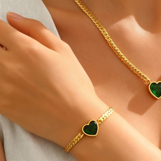 Picture of Wholesale Heart Green Rhinestone Charm Bracelets, 18K Gold Plated 304 Stainless Steel Women's Eco-friendly PVD Vacuum Plating Valentine's Day Retro Gift Jewelry For Retailer, 16cm(6.3") long, 1 Piece