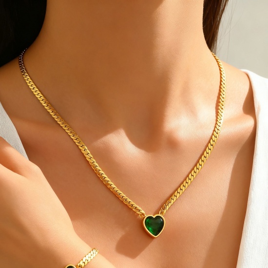 Picture of Wholesale Heart Green Rhinestone Pendant Charm Necklace, 18K Gold Plated 304 Stainless Steel Women's Eco-friendly PVD Vacuum Plating Valentine's Day Retro Gift Jewelry For Retailer, 38.5cm(15.2") + 5.5cm(2.2") long, 1 Piece