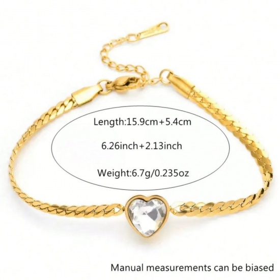 Picture of Wholesale Heart Clear Rhinestone Charm Bracelets, 18K Gold Plated 304 Stainless Steel Women's Eco-friendly PVD Vacuum Plating Valentine's Day Retro Gift Jewelry For Retailer, 16cm(6.3") long, 1 Piece