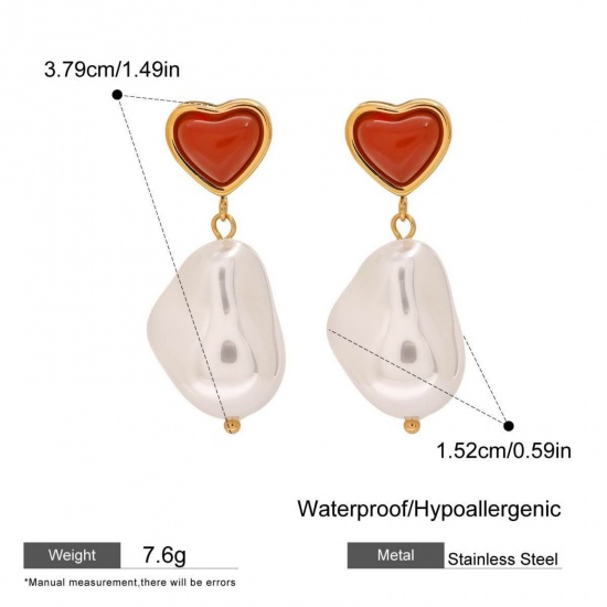 Imagen de día de San Valentín Elegante Pendientes de Poste de Oreja Al Por Mayor, Corazón Rojo Chapado en Oro de 18K Acero Inoxidable 304 & Perla Natural, Mujeres Respetuoso del Medio Ambiente Regalo Suministro de Joyería, 1 Par