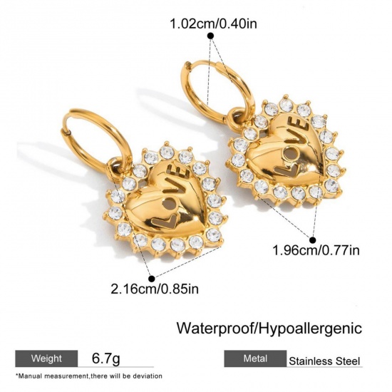 Imagen de día de San Valentín Elegante Pendientes de Aro Al Por Mayor, Corazón Transparente Rhinestone Chapado en Oro de 18K 304 Acero Inoxidable, Mujeres Respetuoso del Medio Ambiente Regalo Suministro de Joyería, 1 Par