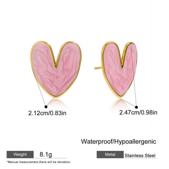 Imagen de día de San Valentín Elegante Pendientes de Poste de Oreja Al Por Mayor, Corazón Rosado Esmalte Chapado en Oro de 18K 304 Acero Inoxidable, Mujeres Respetuoso del Medio Ambiente Regalo Suministro de Joyería, 1 Par