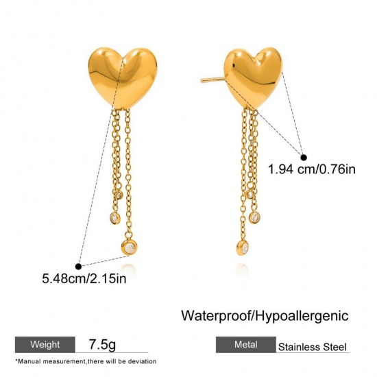 Imagen de día de San Valentín Elegante Borla Pendientes Al Por Mayor, Corazón Transparente Rhinestone Chapado en Oro de 18K 304 Acero Inoxidable, Mujeres Respetuoso del Medio Ambiente Regalo Suministro de Joyería, 1 Par