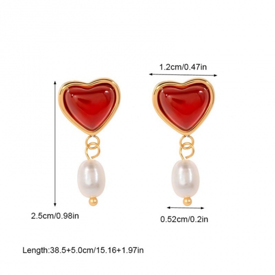 Imagen de día de San Valentín Elegante Pendientes de Poste de Oreja Al Por Mayor, Corazón Rojo Chapado en Oro de 18K Acero Inoxidable 304 & Perla Natural, Mujeres Respetuoso del Medio Ambiente Regalo Suministro de Joyería, 1 Par