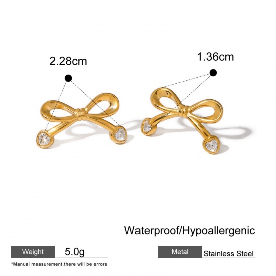 Imagen de día de San Valentín Elegante Pendientes de Poste de Oreja Al Por Mayor, Bowknot Transparente Rhinestone Chapado en Oro de 18K 304 Acero Inoxidable, Mujeres Respetuoso del Medio Ambiente Regalo Suministro de Joyería, 1 Par