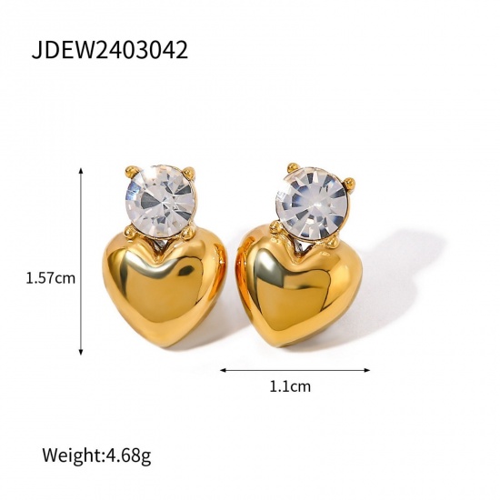 Imagen de día de San Valentín Elegante Pendientes de Poste de Oreja Al Por Mayor, Corazón Transparente Rhinestone Chapado en Oro de 18K 304 Acero Inoxidable, Mujeres Respetuoso del Medio Ambiente Regalo Suministro de Joyería, 1 Par