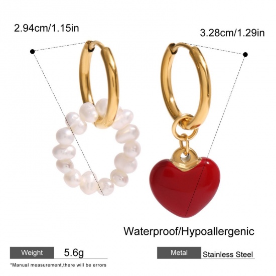 Imagen de día de San Valentín Elegante Pendientes de Aro Al Por Mayor, Corazón Rojo Esmalte Chapado en Oro de 18K Acero Inoxidable 304 & Perla Natural, Mujeres Respetuoso del Medio Ambiente Regalo Suministro de Joyería, 1 Par