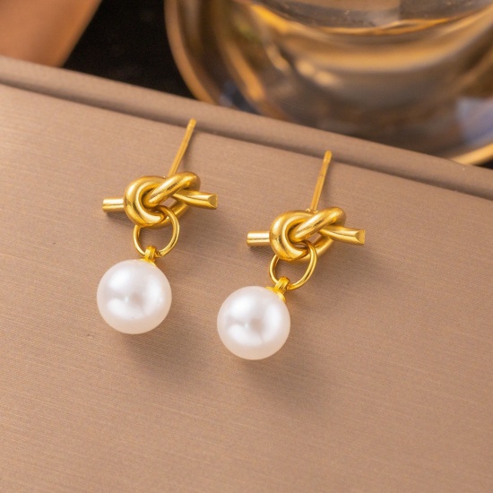 Picture of Wholesale Love Knot White Imitation Pearl Ear Post Stud Earrings, 18K Gold Plated 304 Stainless Steel Women's Eco-friendly Valentine's Day Dainty Gift Jewelry For Retailer, 10mm x 8mm, 1 Piece