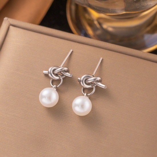 Picture of Wholesale Love Knot White Imitation Pearl Ear Post Stud Earrings, Silver Tone 304 Stainless Steel Women's Eco-friendly Valentine's Day Dainty Gift Jewelry For Retailer, 10mm x 8mm, 1 Piece