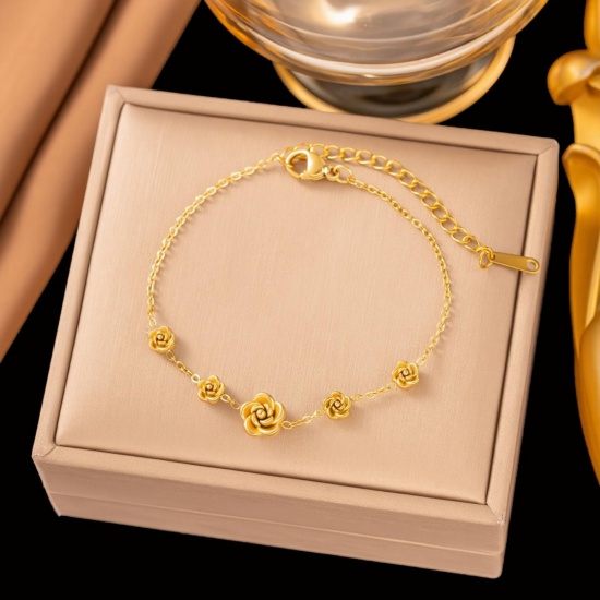 Picture of Wholesale Flower Charm Bracelets, 18K Gold Plated 304 Stainless Steel Link Cable Chain, Women's Eco-friendly PVD Vacuum Plating Exquisite Dainty Gift Jewelry For Retailer, 16cm(6.3") long, 1 Pair