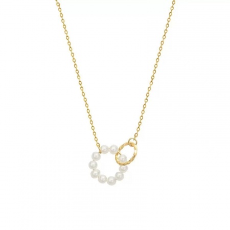 Picture of Wholesale Bicyclic Natural Pearl Pendant Charm Necklace, 18K Gold Plated 304 Stainless Steel Link Cable Chain, Women's Vacuum Plating Exquisite Dainty Gift Jewelry For Retailer, 40cm(15.7") + 5cm(2") long, 1 Piece