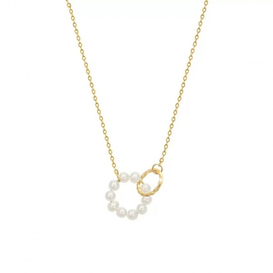 Picture of Wholesale Bicyclic Natural Pearl Pendant Charm Necklace, 18K Gold Plated 304 Stainless Steel Link Cable Chain, Women's Vacuum Plating Exquisite Dainty Gift Jewelry For Retailer, 40cm(15.7") + 5cm(2") long, 1 Piece