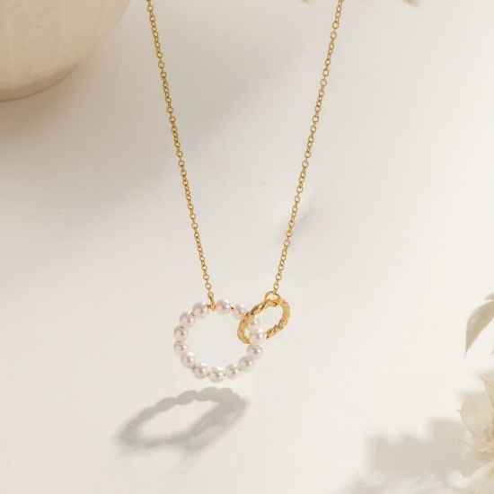 Picture of Wholesale Bicyclic Natural Pearl Pendant Charm Necklace, 18K Gold Plated 304 Stainless Steel Link Cable Chain, Women's Vacuum Plating Exquisite Dainty Gift Jewelry For Retailer, 40cm(15.7") + 5cm(2") long, 1 Piece