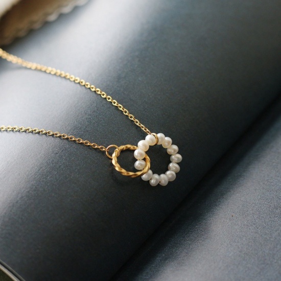 Picture of Wholesale Bicyclic Natural Pearl Pendant Charm Necklace, 18K Gold Plated 304 Stainless Steel Link Cable Chain, Women's Vacuum Plating Exquisite Dainty Gift Jewelry For Retailer, 40cm(15.7") + 5cm(2") long, 1 Piece