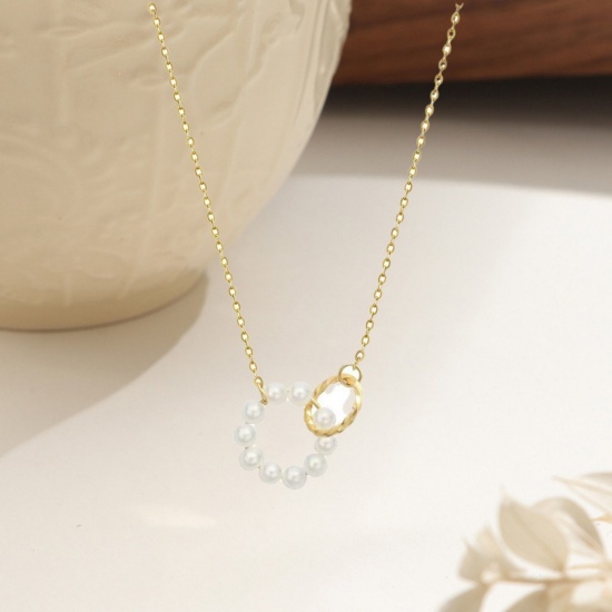 Picture of Wholesale Bicyclic Natural Pearl Pendant Charm Necklace, 18K Gold Plated 304 Stainless Steel Link Cable Chain, Women's Vacuum Plating Exquisite Dainty Gift Jewelry For Retailer, 40cm(15.7") + 5cm(2") long, 1 Piece