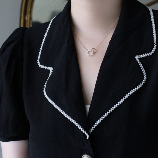 Picture of Wholesale Bicyclic Natural Pearl Pendant Charm Necklace, 18K Gold Plated 304 Stainless Steel Link Cable Chain, Women's Vacuum Plating Exquisite Dainty Gift Jewelry For Retailer, 40cm(15.7") + 5cm(2") long, 1 Piece