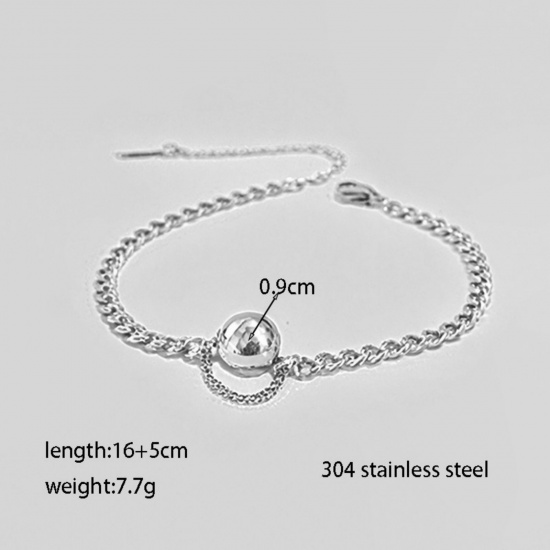 Picture of Wholesale Ball Charm Bracelets, Silver Tone 304 Stainless Steel Curb Link Chain, Women's Eco-friendly Stylish Minimalist Gift Jewelry For Retailer, 16cm(6.3") long, 1 Piece