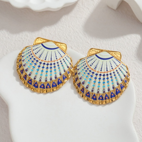 Picture of Wholesale Ocean Jewelry Stylish Ear Post Stud Earrings, Shell Multicolor Painted 18K Gold Plated 304 Stainless Steel, Women's Eco-friendly PVD Vacuum Plating Gift Jewelry Supply, 4.4cm x 4.4cm, 1 Pair