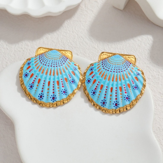 Picture of Wholesale Ocean Jewelry Stylish Ear Post Stud Earrings, Shell Blue Painted 18K Gold Plated 304 Stainless Steel, Women's Eco-friendly PVD Vacuum Plating Gift Jewelry Supply, 4.4cm x 4.4cm, 1 Pair