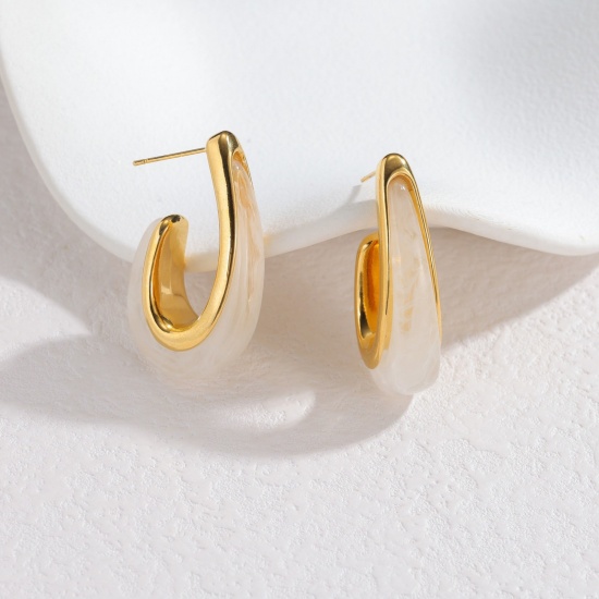 Picture of Wholesale Exquisite Stylish Ear Post Stud Earrings, U Shaped White 18K Gold Plated 304 Stainless Steel, Women's Eco-friendly PVD Vacuum Plating Gift Jewelry Supply, 3.7cm x 1cm, 1 Pair