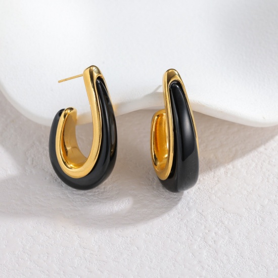 Picture of Wholesale Exquisite Stylish Ear Post Stud Earrings, U Shaped Black 18K Gold Plated 304 Stainless Steel, Women's Eco-friendly PVD Vacuum Plating Gift Jewelry Supply, 3.7cm x 1cm, 1 Pair