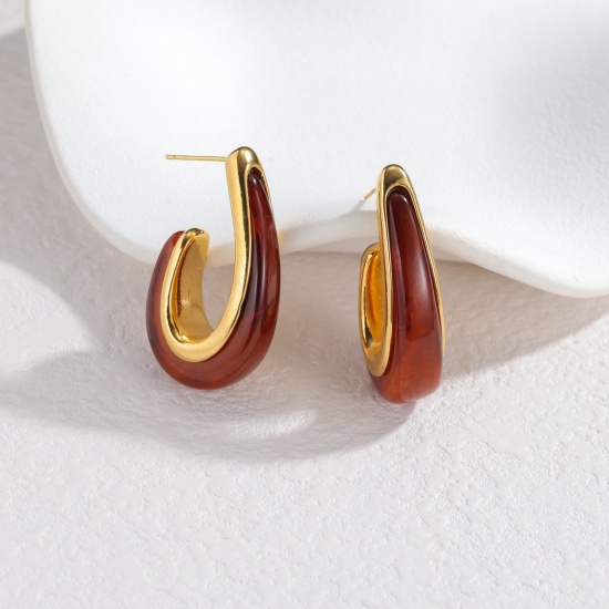 Picture of Wholesale Exquisite Stylish Ear Post Stud Earrings, U Shaped Red 18K Gold Plated 304 Stainless Steel, Women's Eco-friendly PVD Vacuum Plating Gift Jewelry Supply, 3.7cm x 1cm, 1 Pair