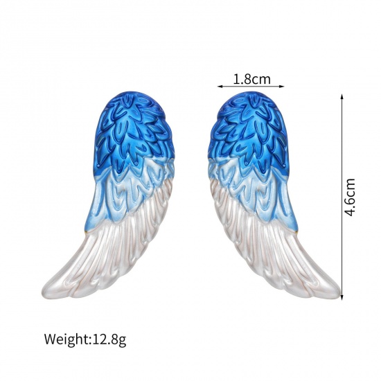 Picture of Wholesale Exquisite Stylish Ear Post Stud Earrings, Wing White & Blue 18K Gold Plated 304 Stainless Steel, Women's Eco-friendly PVD Vacuum Plating Gift Jewelry Supply, 4.6cm x 1.8cm, 1 Pair