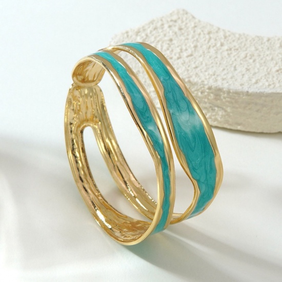 Picture of Wholesale Blue Enamel 304 Stainless Steel Open Cuff Bangles Bracelets, 18K Gold Plated Eco-friendly PVD Vacuum Plating, Women's Exquisite Stylish Gift Jewelry Supply, 5cm Dia., 1 Piece