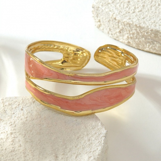 Picture of Wholesale Pink Enamel 304 Stainless Steel Open Cuff Bangles Bracelets, 18K Gold Plated Eco-friendly PVD Vacuum Plating, Women's Exquisite Stylish Gift Jewelry Supply, 5cm Dia., 1 Piece