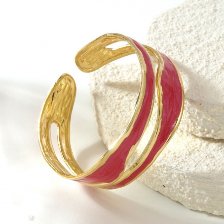 Picture of Wholesale Red Enamel 304 Stainless Steel Open Cuff Bangles Bracelets, 18K Gold Plated Eco-friendly PVD Vacuum Plating, Women's Exquisite Stylish Gift Jewelry Supply, 5cm Dia., 1 Piece