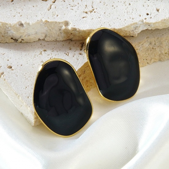 Picture of Wholesale Exquisite Stylish Ear Post Stud Earrings, Black Enamel 18K Gold Plated 304 Stainless Steel, Women's Eco-friendly PVD Vacuum Plating Gift Jewelry Supply, 3cm x 2cm, 1 Pair