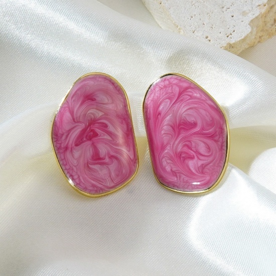 Picture of Wholesale Exquisite Stylish Ear Post Stud Earrings, Pink Enamel 18K Gold Plated 304 Stainless Steel, Women's Eco-friendly PVD Vacuum Plating Gift Jewelry Supply, 3cm x 2cm, 1 Pair