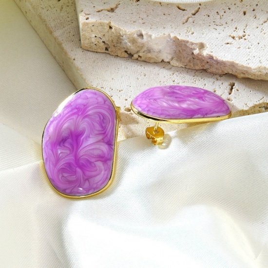 Picture of Wholesale Exquisite Stylish Ear Post Stud Earrings, Purple Enamel 18K Gold Plated 304 Stainless Steel, Women's Eco-friendly PVD Vacuum Plating Gift Jewelry Supply, 3cm x 2cm, 1 Pair