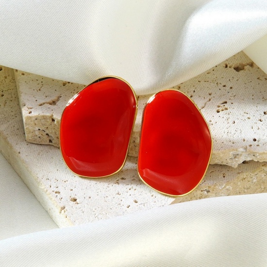 Picture of Wholesale Exquisite Stylish Ear Post Stud Earrings, Red Enamel 18K Gold Plated 304 Stainless Steel, Women's Eco-friendly PVD Vacuum Plating Gift Jewelry Supply, 3cm x 2cm, 1 Pair