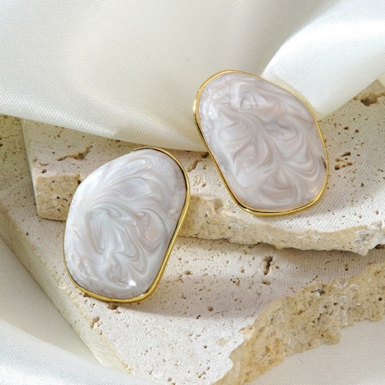 Picture of Wholesale Exquisite Stylish Ear Post Stud Earrings, White Enamel 18K Gold Plated 304 Stainless Steel, Women's Eco-friendly PVD Vacuum Plating Gift Jewelry Supply, 3cm x 2cm, 1 Pair
