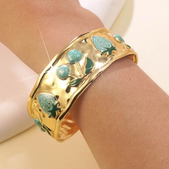 Picture of Wholesale Strawberry Fruit Blue Enamel 304 Stainless Steel Open Cuff Bangles Bracelets, 18K Gold Plated Eco-friendly PVD Vacuum Plating, Women's Exquisite Stylish Gift Jewelry Supply, 5.5cm Dia., 1 Piece