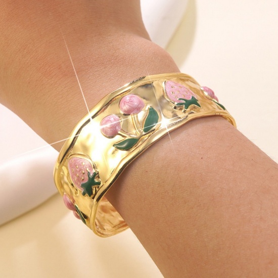 Picture of Wholesale Strawberry Fruit Pink Enamel 304 Stainless Steel Open Cuff Bangles Bracelets, 18K Gold Plated Eco-friendly PVD Vacuum Plating, Women's Exquisite Stylish Gift Jewelry Supply, 5.5cm Dia., 1 Piece