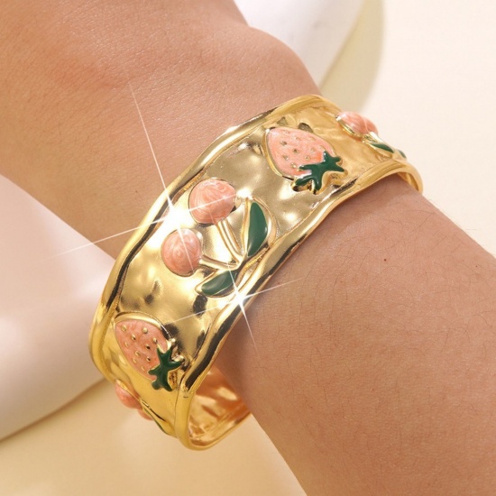 Picture of Wholesale Strawberry Fruit Rose Red Enamel 304 Stainless Steel Open Cuff Bangles Bracelets, 18K Gold Plated Eco-friendly PVD Vacuum Plating, Women's Exquisite Stylish Gift Jewelry Supply, 5.5cm Dia., 1 Piece