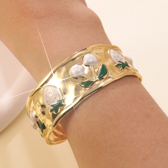 Picture of Wholesale Strawberry Fruit White Enamel 304 Stainless Steel Open Cuff Bangles Bracelets, 18K Gold Plated Eco-friendly PVD Vacuum Plating, Women's Exquisite Stylish Gift Jewelry Supply, 5.5cm Dia., 1 Piece