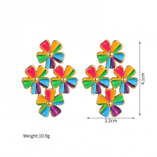 Picture of Wholesale Exquisite Stylish Ear Post Stud Earrings, Flower Multicolor Enamel 18K Gold Plated 304 Stainless Steel, Women's Eco-friendly PVD Vacuum Plating Gift Jewelry Supply, 4.1cm x 3.2cm, 1 Pair