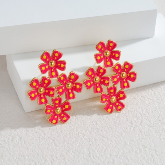 Picture of Wholesale Exquisite Stylish Ear Post Stud Earrings, Flower Red Enamel 18K Gold Plated 304 Stainless Steel, Women's Eco-friendly PVD Vacuum Plating Gift Jewelry Supply, 4.1cm x 3.2cm, 1 Pair