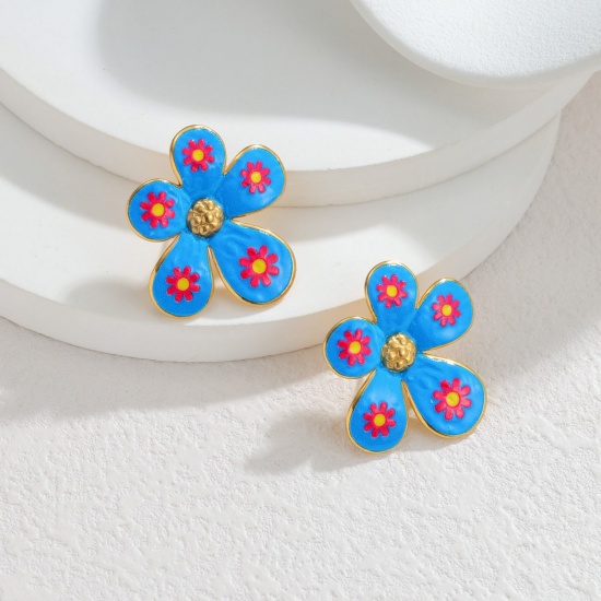 Picture of Wholesale Exquisite Stylish Ear Post Stud Earrings, Flower Blue Enamel 18K Gold Plated 304 Stainless Steel, Women's Eco-friendly PVD Vacuum Plating Gift Jewelry Supply, 3.2cm x 3cm, 1 Pair