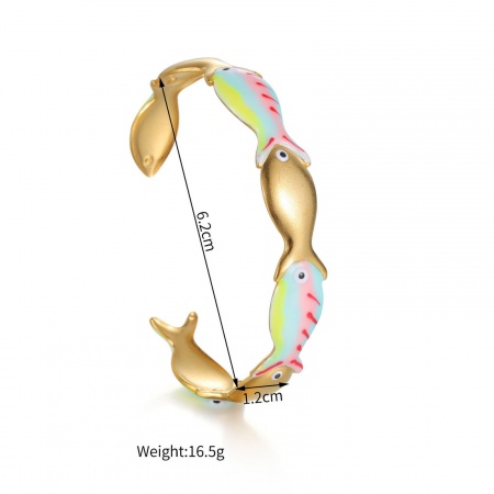 Picture of Wholesale Fish Animal Multicolor Enamel 304 Stainless Steel Open Cuff Bangles Bracelets, 18K Gold Plated Eco-friendly PVD Vacuum Plating, Women's Ocean Jewelry Stylish Gift Jewelry Supply, 6.2cm Dia., 1 Piece