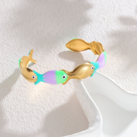 Picture of Wholesale Fish Animal Multicolor Enamel 304 Stainless Steel Open Cuff Bangles Bracelets, 18K Gold Plated Eco-friendly PVD Vacuum Plating, Women's Ocean Jewelry Stylish Gift Jewelry Supply, 6.2cm Dia., 1 Piece
